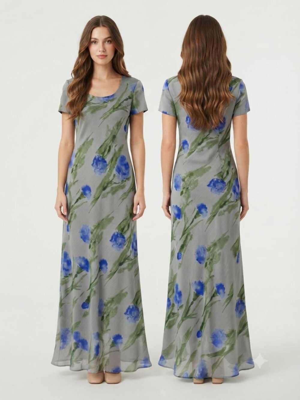 Vintage Jessica Howard Cottagecore Floral Maxi Dress Gray Blue Flowy 90s 80s